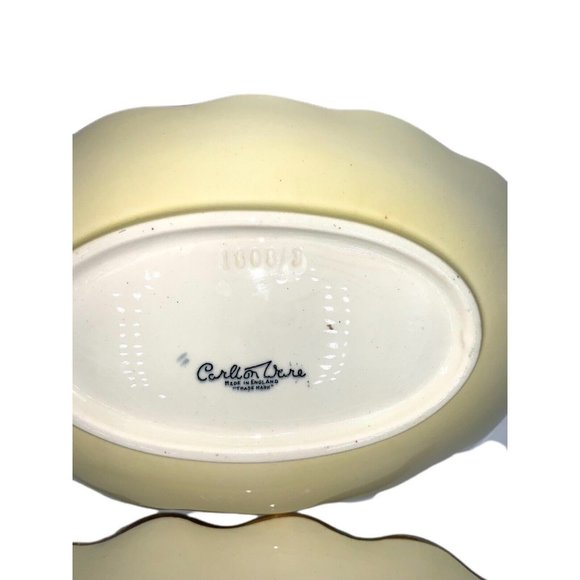 Art Deco Carlton Ware Yellow Gold Rim Stripped Handle Scalloped Oval Platters - Picture 6 of 8